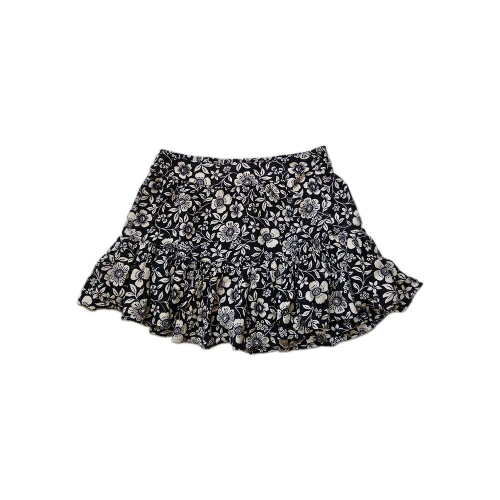 Angie Women's XS Black Cream Floral Print Ruffle High Waist Boho Skort EUC